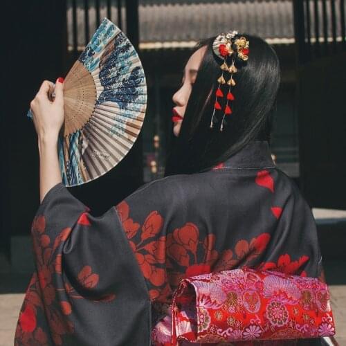 2018 Japanese style Vintage Floral Fan hair accessories Pendant Black Gold Twin flowers refinement Hair Jewelry