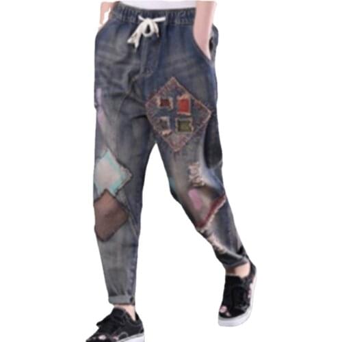 2021 New Womens jeans ethnic style retro embroidery patch elastic High waist Tether trouser fashion wide-legged feet harem pant