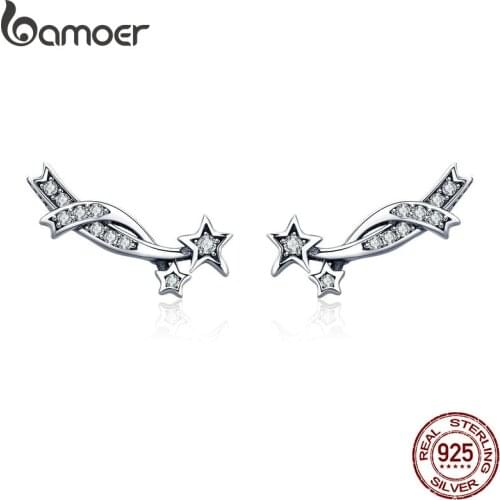 BAMOER Authentic 925 Sterling Silver Elegant Shining Meteor Star Clear CZ Stud Earrings for Women Silver Earrings Jewelry SCE442