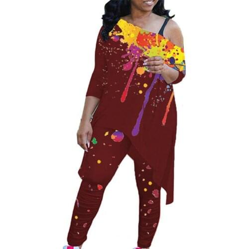 Irregular Hem Women Tracksuit Skew Collar Elastic Waist Sportwear Graffiti Print Off Shoulder Sweat Suit for Sports