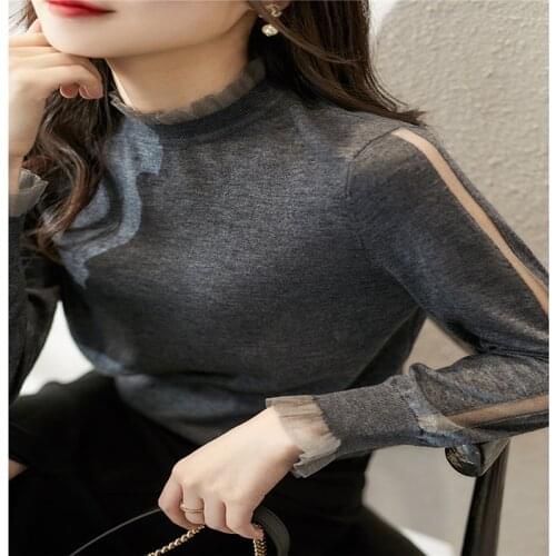 Womens Sweater Roba Muje Net Gauze Ear Knitted Pullover Womens Turtleneck Womens Womens Ropad Mujay Crop Top Women