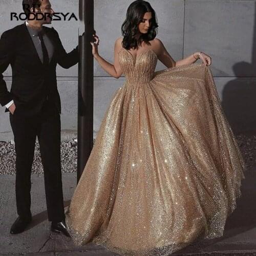 RODDRSYA Bling Prom Dresses 2021 Champagne Spaghetti Straps Open Back Robe de Soiree Long Spark Evening Gowns