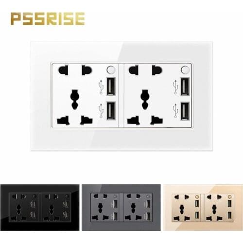 13A dual USB universal five hole socket, toughened glass panel socket, wall socket, grounding, household power socket