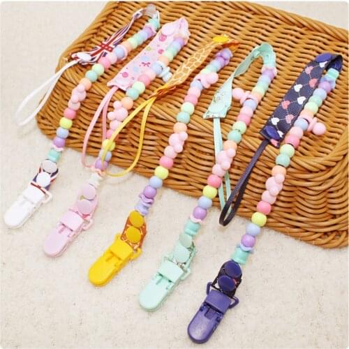 2020 Baby Pacifier Clip Chain Infant Nipple Holder Wooden Beaded Crystal Nipple Leash Strap Metal Pacifier Clips Soother Chain