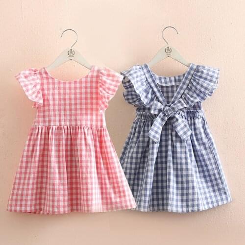 2021 Summer 2 3 4 6-12 Years Children College Style Plaid O Neck Cotton Princes Flying Sleeve Backless Dress For Kids Baby Girls