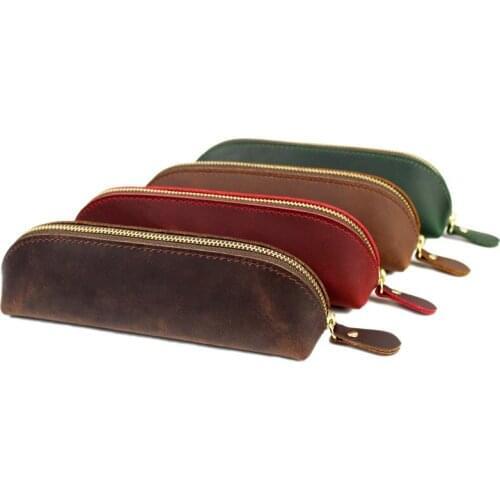 5 PCS Vintage Leather Pencil Case Cowhide Fountain Pen Box Makeup Brush Pouch Holder School Office Stationery Bag Wholesale X2