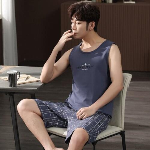 Striped Boy Male Vest Pants Modal Pajamas Sleeveless Vest Pant Casual Pyjamas Sleepwear Nightwear ElasticWaist Mans Jams HDE