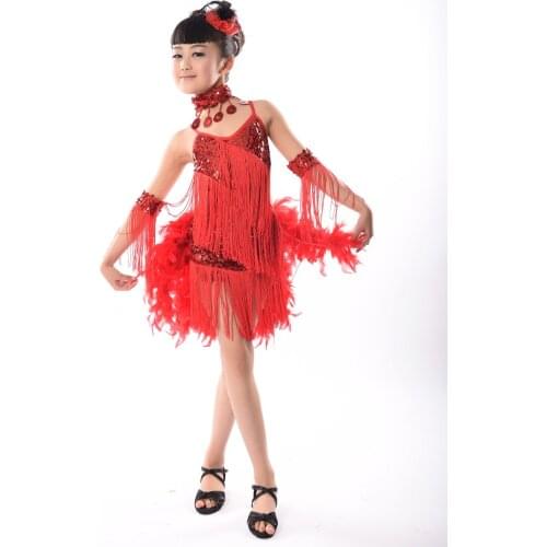 Girls Latin Dance New Stage Performance Costume Sequin Feather Tassel Modern Dance Costume Free Shipping