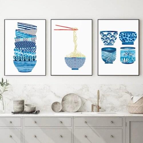 Stacked Bowl Watercolor Food Cat Art Print Poster Japanese Ramen Canvas Painting Modern Kitchen Restaurant Wall Decor Picture