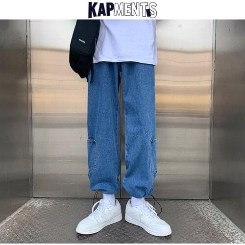 KAPMENTS Men Patchwork Jeans Korean Cargo Pants 2021 Spring Mens Fashions Streetwear Pockets Denim Joggers Man Harajuku Trousers