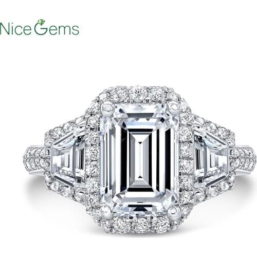 NiceGems 14K White Gold Emerald Cut 3 Stone trapezoid Halo Ring Center 2CT DF Color 3.2CTW Moissanite Diamond Engagement Ring