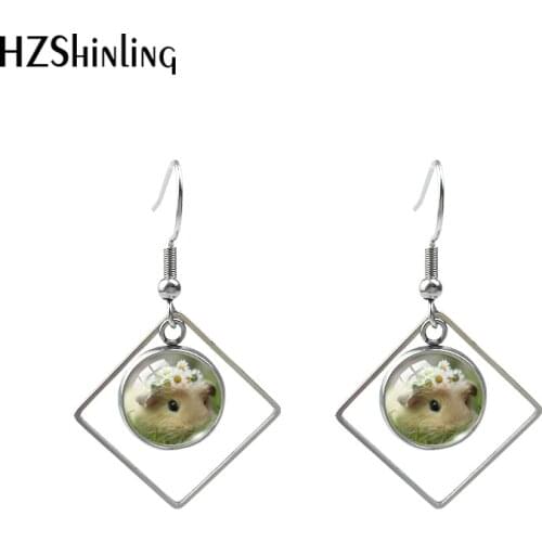 2020 New Funny Guinea Pig Hook Earring Handmade Rhombic Earring Glass Cabochon Jewelry Stainless steel Earrings