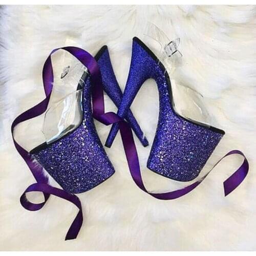 Sexy Runway Platform High Heel Sandals Glitter Dancing Shoes Peep Toe PVC Super High Dress Heels Woman Dress Shoes Real Photo