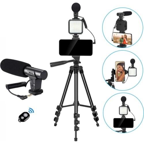 Portable Video Recording Condenser Microphone Kits Shotgun Microphone for Phone DSLR Camera Mic with Tripod Light for Tik Tok