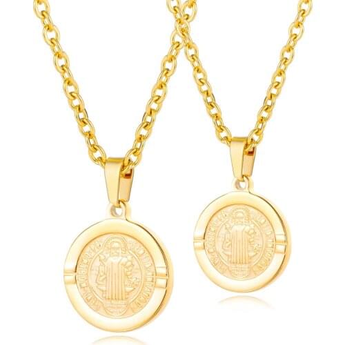 Punk gold color cross Bible round couple necklaces for women men religious stainless steel hip hop pendant jewelry accessories