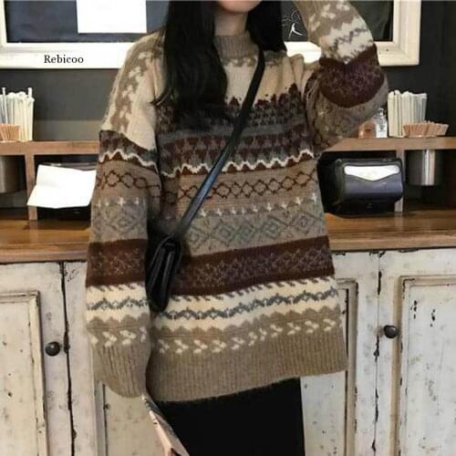 Pullovers Women Vintage Loose Casual Sweaters Geometric Retro Lazy Female Harajuku Korean Style Womens Ulzzang Chic New Tops