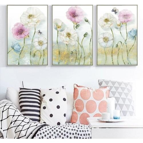 Retro Pink White Blue Flower Butterfly Plaque Poster Flower Print Print Canvas Painting Picture Home Bedroom Wall Art Decoration