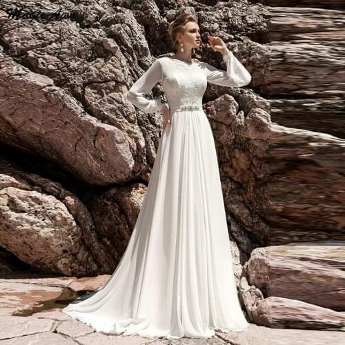 Magic Awn Long Sleeves Chiffon Beach Wedding Dresses Lace Appliques Beaded Sash Illusion Boho A-Line Bridal Gowns Lace-Up Back
