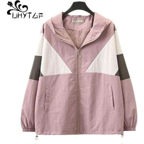 UHYTGF Loose 4XL plus size jacket women Korean elegant student autumn coat female hooded stitching casual womens outerwear 999