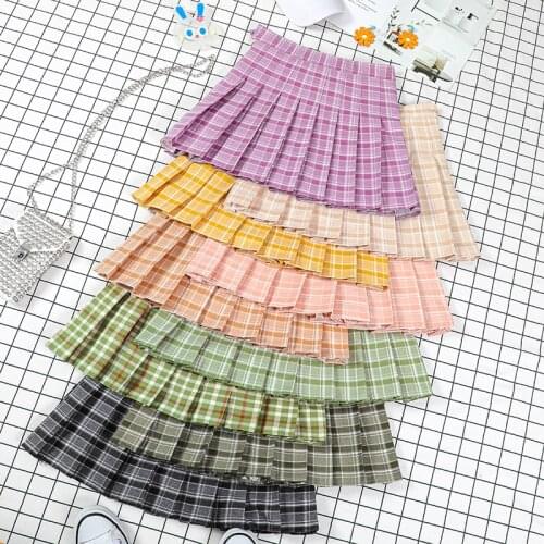 2020korean skirt high waist college style skirt Women Summer high waist pleated plaid skirt Female Anime Short Skirts midi skirt