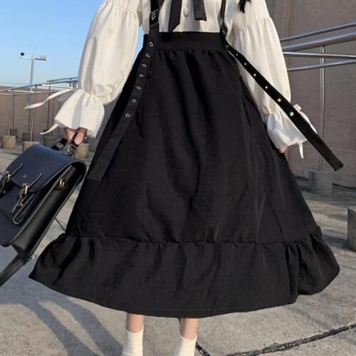 Women Harajuku Mini A-Line Lolita Skirt Japanese Kawaii Gothic Sexy Summer Sweet High Waist Ruffle Strap Skirts Streetwear