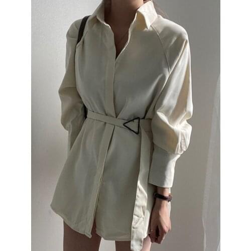 2021 Korean Female Chic Autumn Temperament Lapel Single-breasted Casual Jacket Lace-up Waist Simple Loose Long Sleeve Blouse