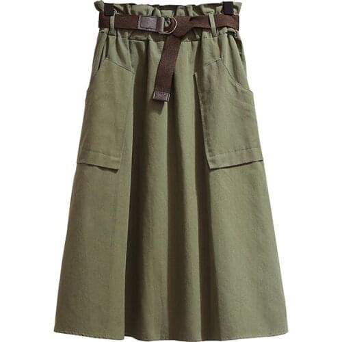 2021 Korean Skirts Womens Big Pocket Elastic High Waist A Line Casual Midi Skirt with Belt Knee Length Women Skirt