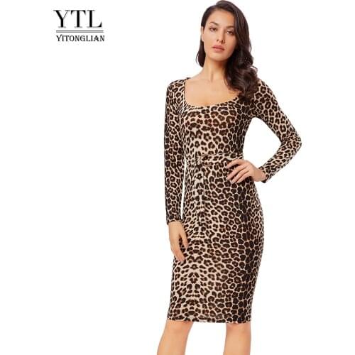 YTL Womens Leopard Print Sexy Square Neck Slim Belted Bodycon Pencil Sheath Dress Evening Party Club Christmas Dresses H325