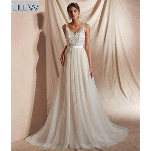 Ivory Tulle Lace Beading V-Neck Sleeveless Floor-Length A-Line Wedding Dresses Custom Made Layered Skirt Bridal Gowns