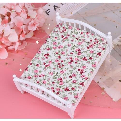 1/12 Doll House Miniature Bedroom Furniture Mini Wooden Bed with Mattress