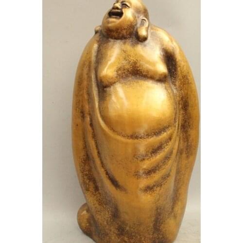 16" Lucky Chinese Buddhism Copper Stand Happy Laugh Maitreya Buddha Fu Statue