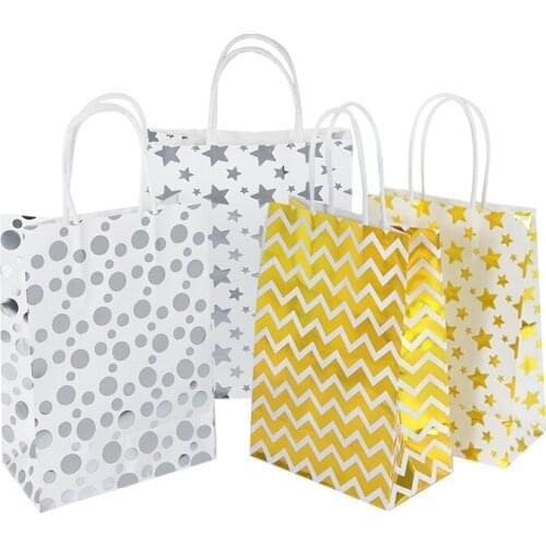 5Pcs Gold Silver Star Dot Handles Gift Bags Birthday Wedding Party Favor Cake Dessert Candy Packing Bags Baby Shower Paper Bags