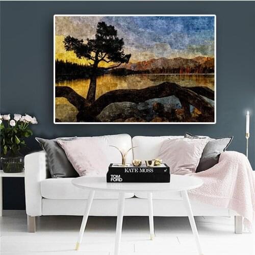 Abstract Sky Tree Sunset Mountain Posters and Prints Painting on Canvas Scandinavian Nordic Wall Pop Art Picture for Living Room