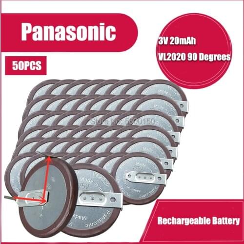 50PCS/lot 100% Original Panasonic VL2020 2020 Rechargeable Battery for car key remote Button Battery with 90 degrees pins