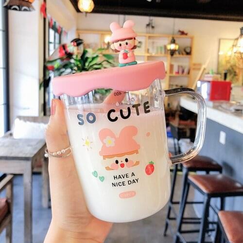 Glass Doll Teacup with Silicone Lid and Scale Cute Cartoon Breakfast Milk Coffee Mug Heat Resistant Transparent Home Water Cup