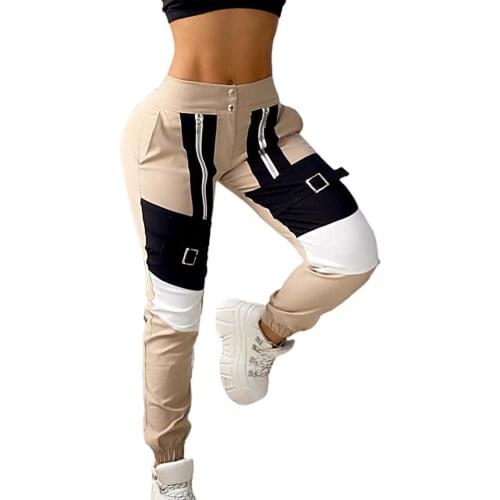 Women New Stylish High Waist Color Block Button Zipper Cargo Sports Pants Sweatpants Long Trousers