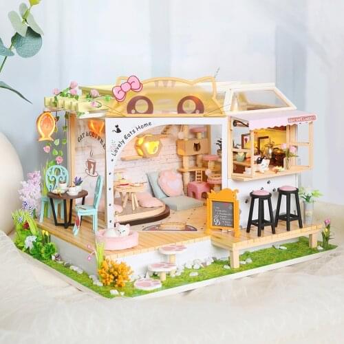 DIY Hut Leisure Cat Coffee Back Garden Creative Handmade Small House With Light Birthday Gift Wooden Assembled Doll House Toy