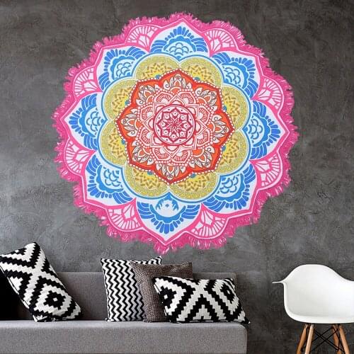 Tapestry Lotus Beach Towel Blanket Shawl 150*150cm Multifunction Tassel Round Bath Towel Mandala Yoga Mat
