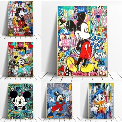 Street Graffiti Art Disney Mickey And Minnie Canvas Painting Cartoon Donald Duck Poster Print Wall Art Picture Kid Room Decor