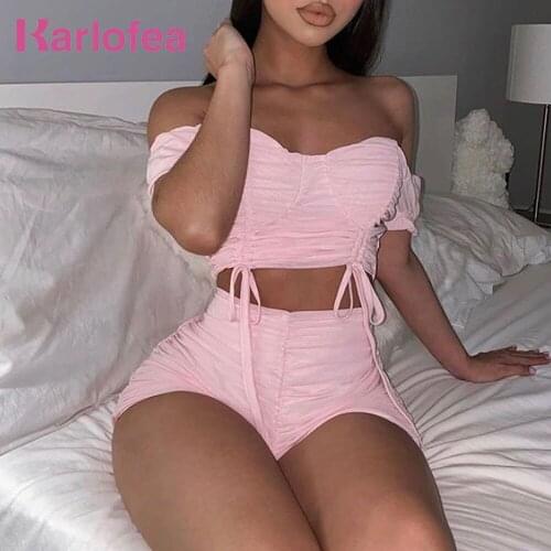 Karlofea Summer Casual Matching Suit Outfits Wear Lovely Off Shoulder Crop Top And Shorts New Sexy Bodycon Mesh Ruched Women Set