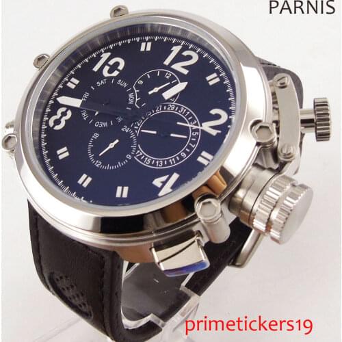 PARNIS automatic mens watch week date 50mm black dial polished case