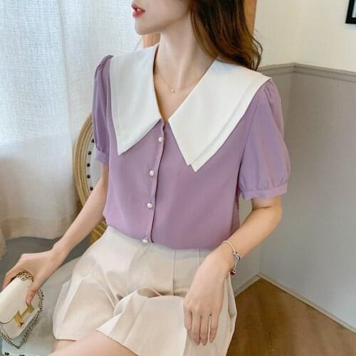 Plus size womens summer 2021 new short-sleeved chiffon shirt doll collar loose slimming shirt blouse female