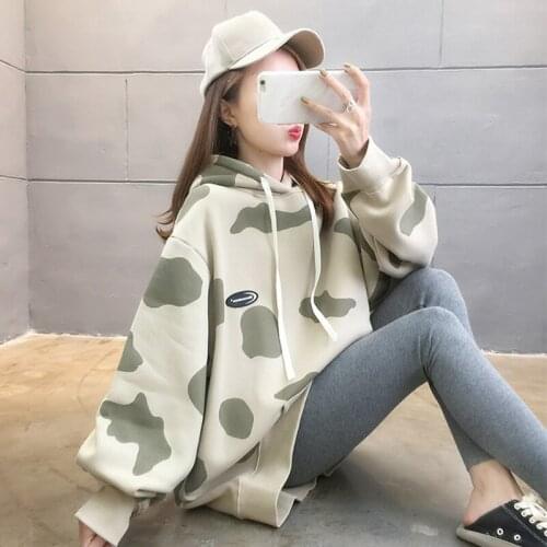 Autumn Winter Women Plus Velvet Thick Print Hoodies 2021 New Korean Long Sleeve Pullovers Casular Fasion Loose Tops