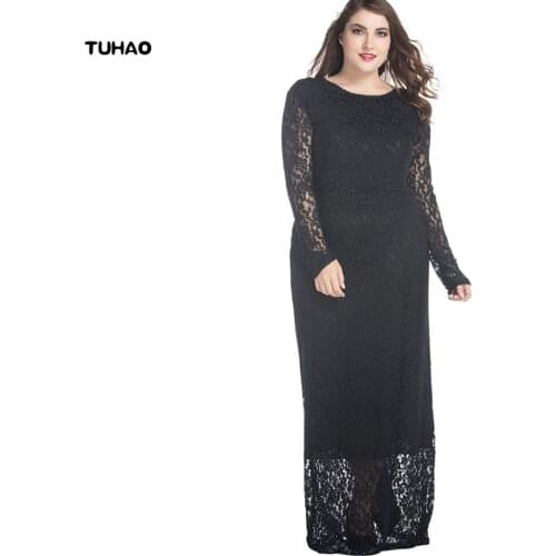 TUHAO Autumn Lace Maxi Dress Elegant Hollow Out Sleeve Long Dresses Woman High Waist Party Vintage Vestidos Plus Size 7XL CM16