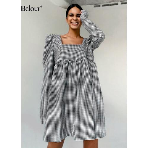 Bclout Black White Plaid Dress Vintage Puff Sleeve Mini Dress Woman Autumn Square Collar Casual Lady Vestido 2021 Zipper Sexy
