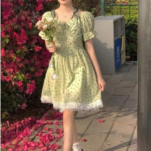 Dress Women Lovely Lace Japanese Style Floral Kawaii Short Sleeve V-neck Fairy Streetwear Tender Gentle Sweet Female Knee-length