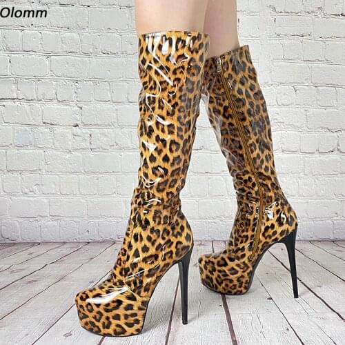 Olomm New Fashion Women Winter Platform Knee High Boots Sexy Leopard Stiletto Heels Round Toe Charm Party Shoes US Size 5-20