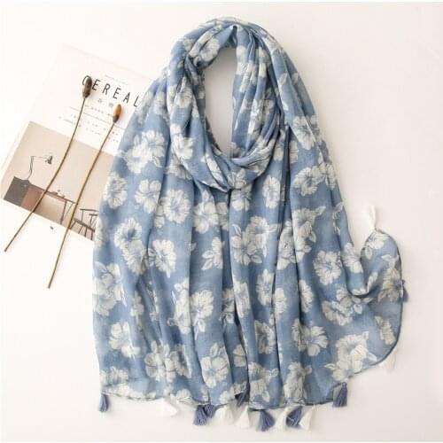 2021 Fashion Sky Blue Penoy Floral Tassel Viscose Shawl Scarf Lady Print Soft Wrap Pashmina Stole Bufandas Muslim Hijab 180*90Cm