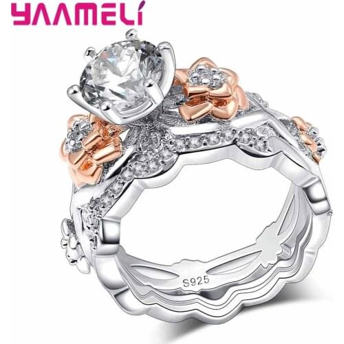 Vintage Top Grade Crystal Wedding Finger Ring 925 Silver Jewelry Flower Design for Women Cocktail Party Gift
