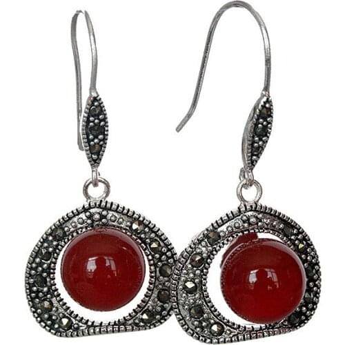 VINTAGE 925 10MM Red Natural Stone BEADS MARCASITE HOOK EARRINGS 11/2" natural gem/stone/coral/opal Marcasite